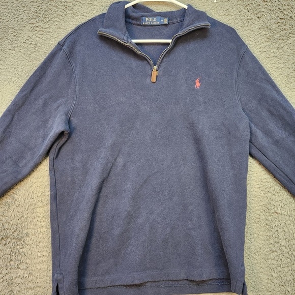 Polo Ralph Lauren Sweater Mens Medium Blue Quarter Zip Pullover Red Pony Cotton‎ - Picture 1 of 7